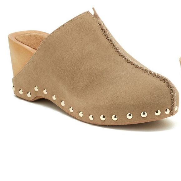 Kelsi Dagger Shoes - Kelsi Dagger Fawn Journal suede clogs w gold polished studs & wood grain wedge